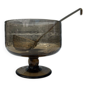 Vintage smoked bubble glass punch bowl with matching ladle