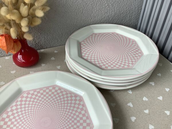 Assiettes San Marciano vichy psychédélique rose - rare