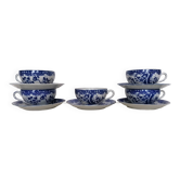 5 white and blue Japanese porcelain tea cups
