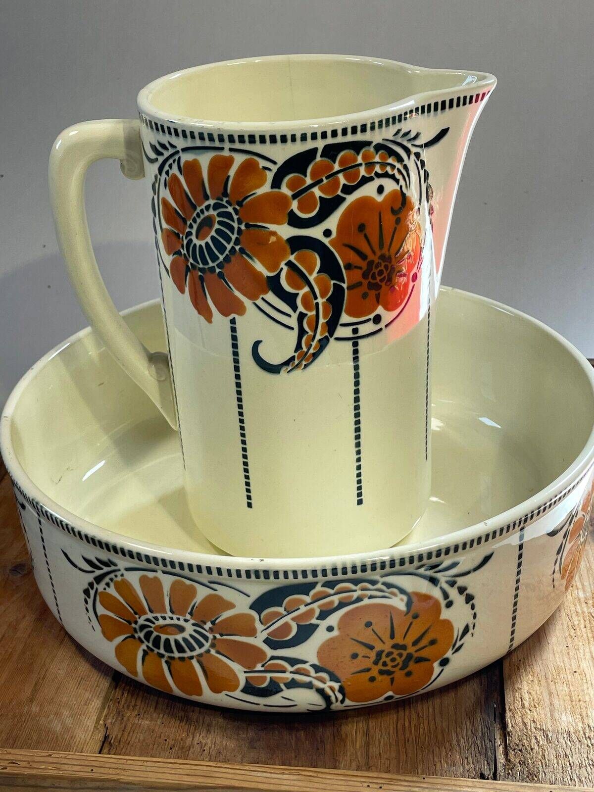 Antique bowl and basin from Saint-Amand, decorated earthenware, 1920s