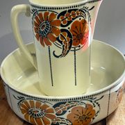 Antique bowl and basin from Saint-Amand, decorated earthenware, 1920s