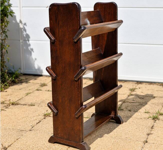 Vintage wooden magazine rack with 3 levels – display stand