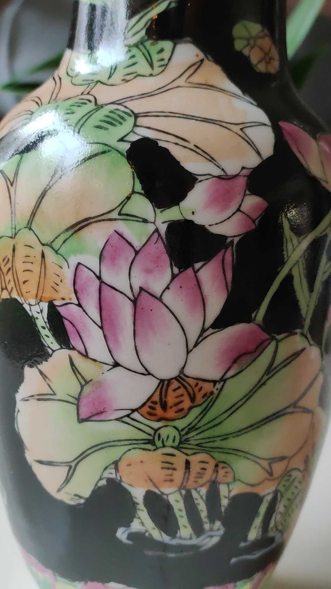 Vintage Asian/Chinese baluster vase, glazed ceramic - floral motifs/Exotic birds