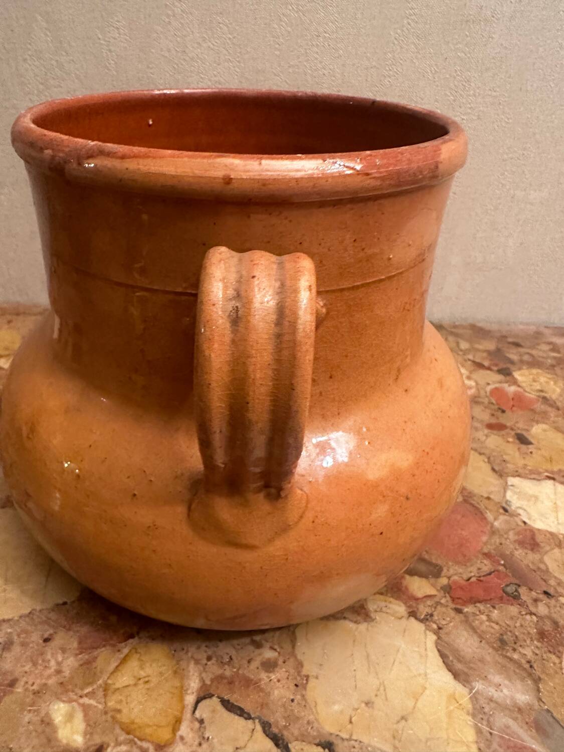 Old pot with handles in glazed Provençal pottery