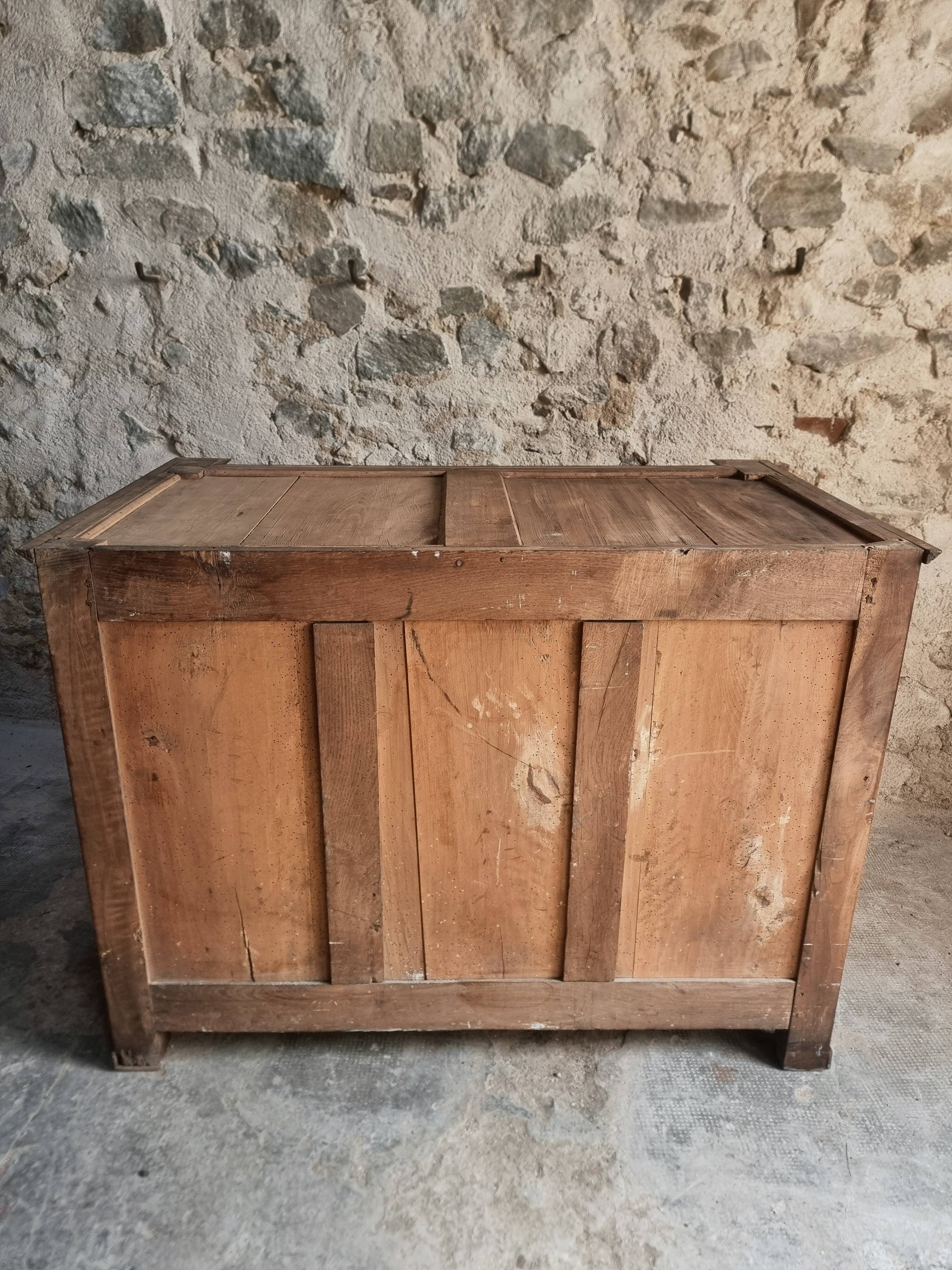 Antique commode, walnut and oak, marble top, 3 drawers, France circa 1820–1850.