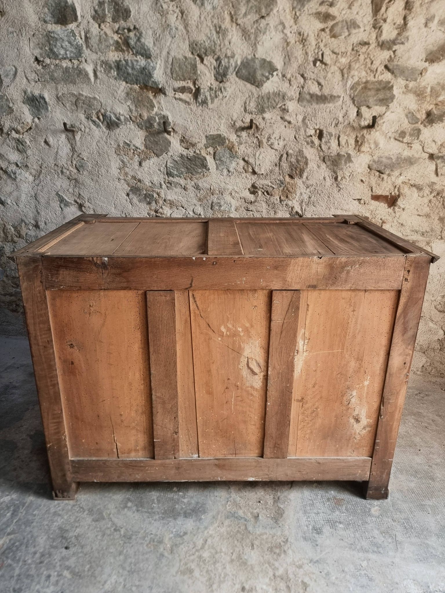 Antique commode, walnut and oak, marble top, 3 drawers, France circa 1820–1850.