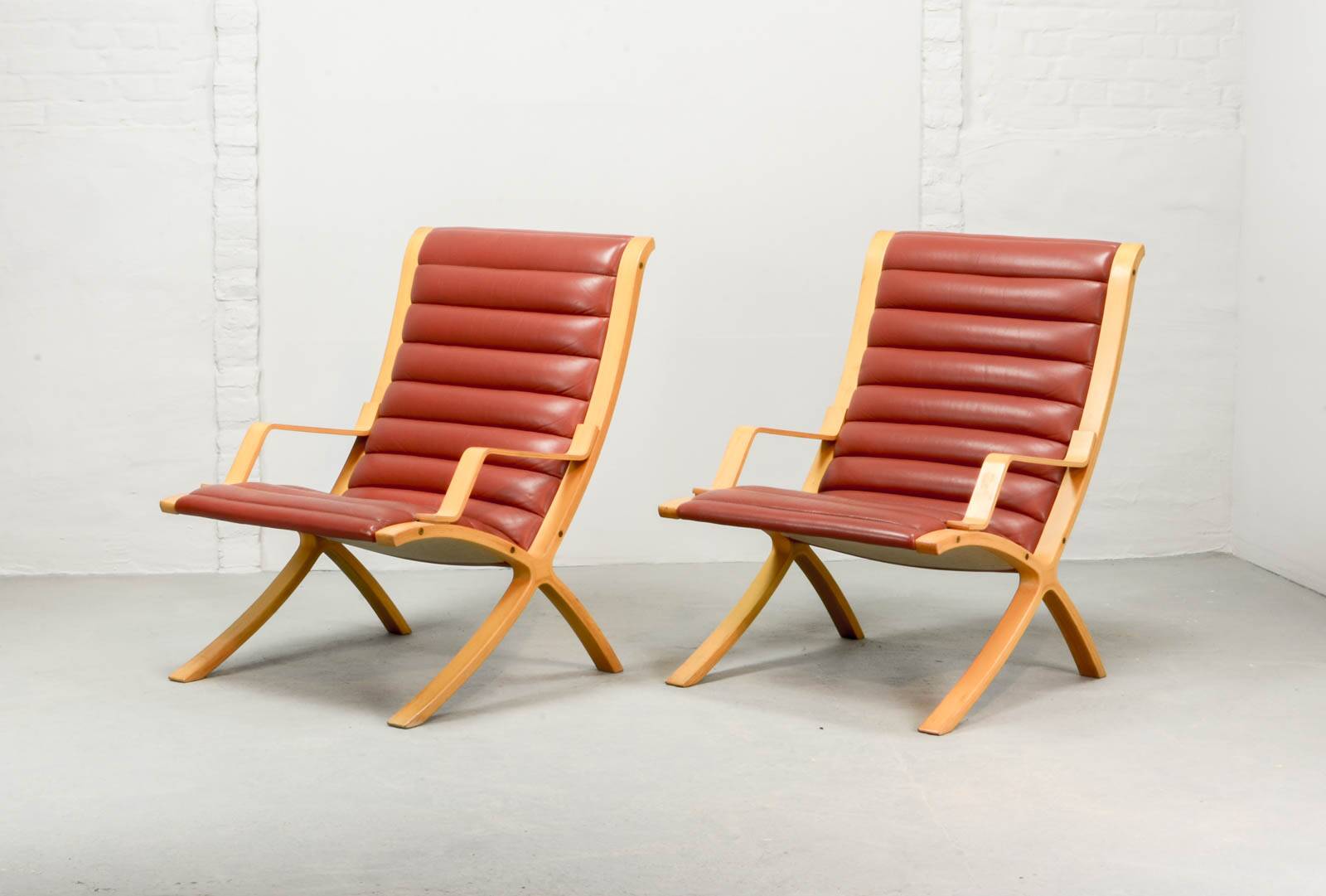 Padded Red Leather High Back AX Lounge Chairs by Hvidt and Molgaard Nielsen