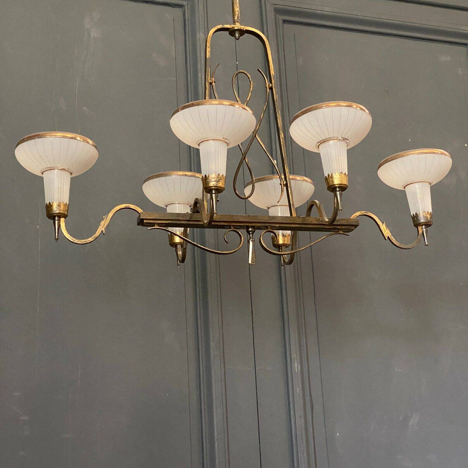 Chandelier in gilded metal 1950 6 lights cut in frosted glass