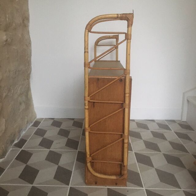 Wooden and rattan wall shelf