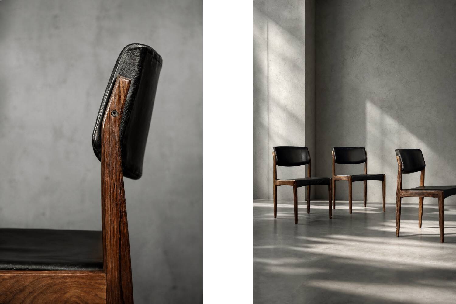 Set of 3 Vintage Mid-Century Danish Modern Rosewood & Black Leather Chairs