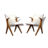 Fauteuil vintage entièrement rénové (bois, tissu, garniture).