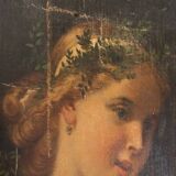 Oil on canvas portrait of young girl with plant crown 19th century