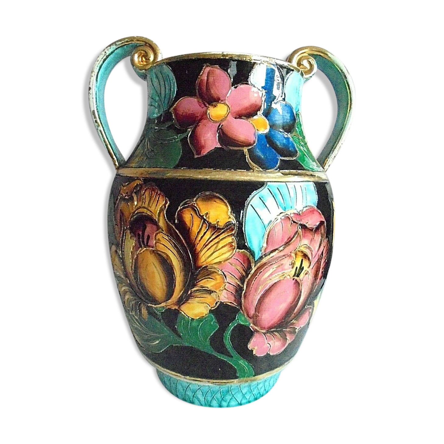 Vase Vallauris Deco hand Patterns flowers with gilding