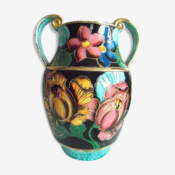 Vase Vallauris Deco hand Patterns flowers with gilding