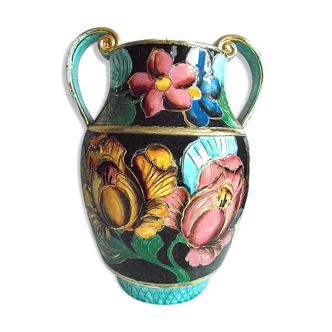 Vase Vallauris Deco hand Patterns flowers with gilding