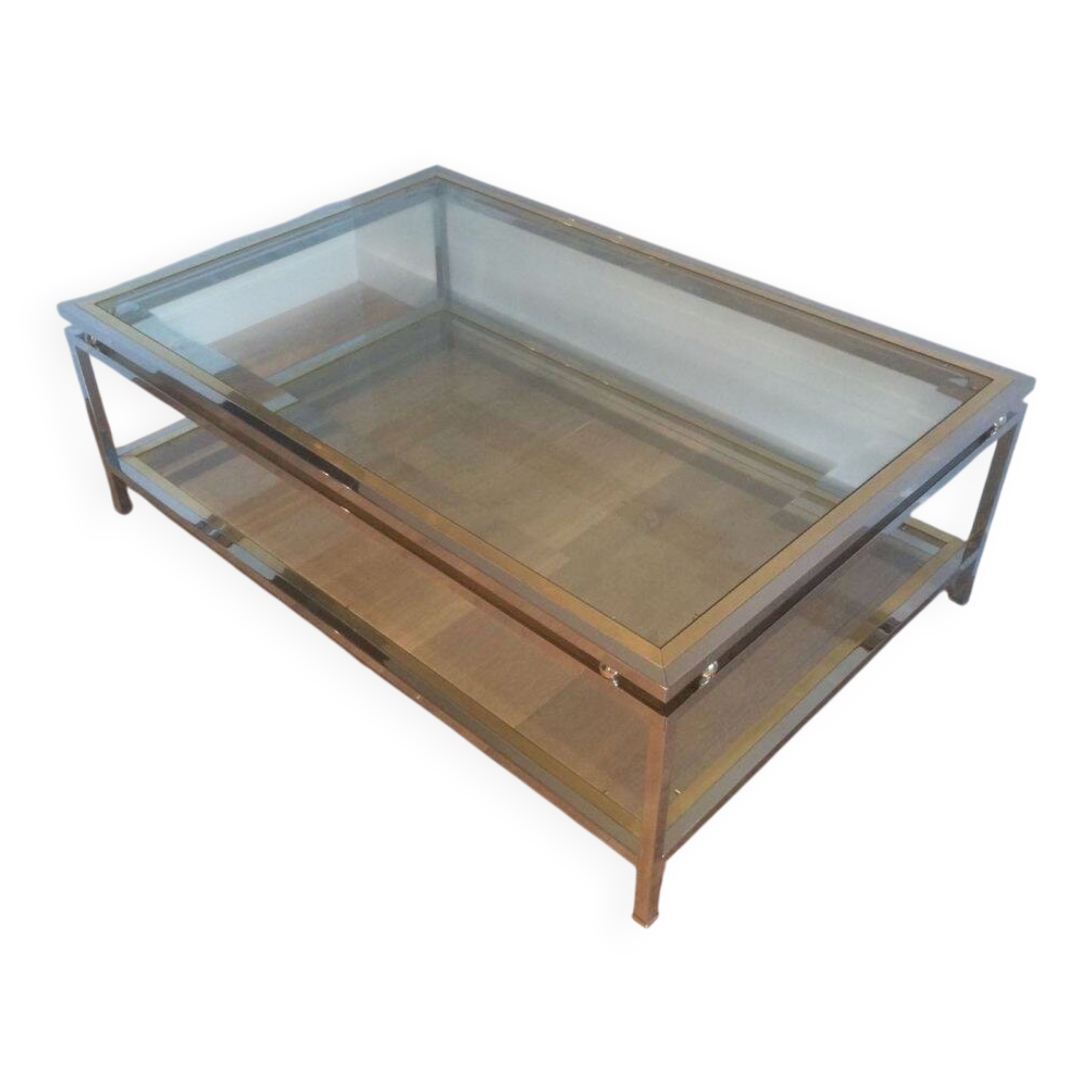 Table basse à double plateau en chrome et laiton