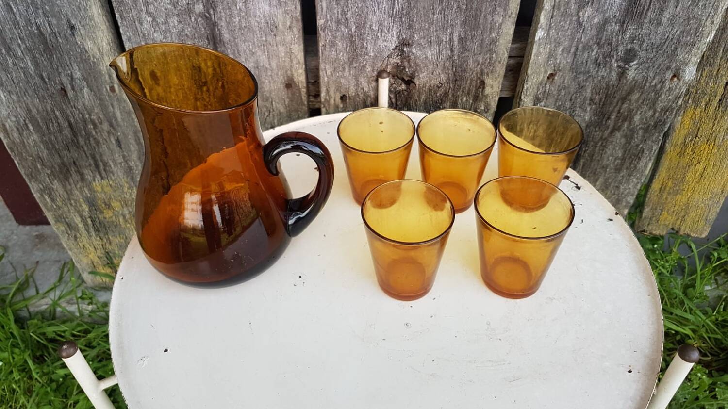 Old orangeade service blown glass carafe + 5 vintage verico glasses #a680