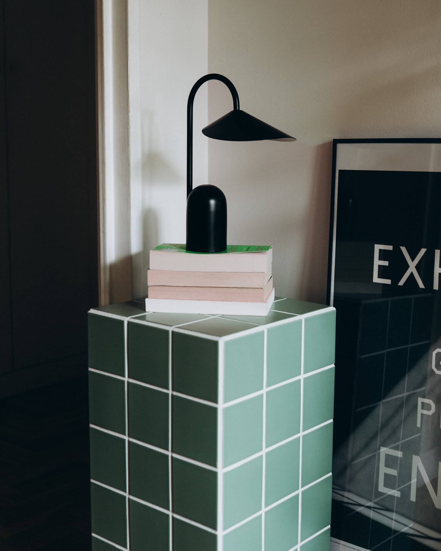 Column, side table in green ceramic tiles