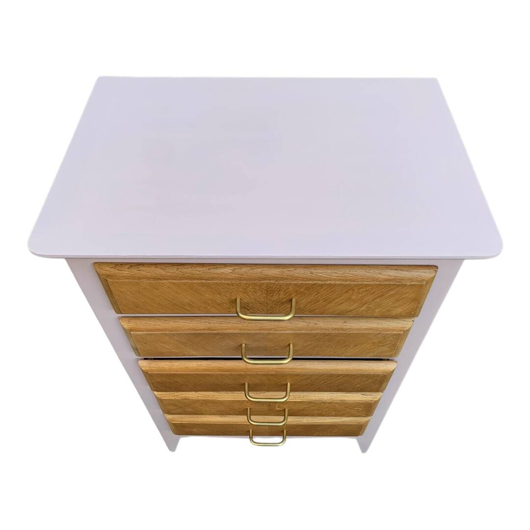 Vintage powder pink compass leg chest of drawers from the 1950s