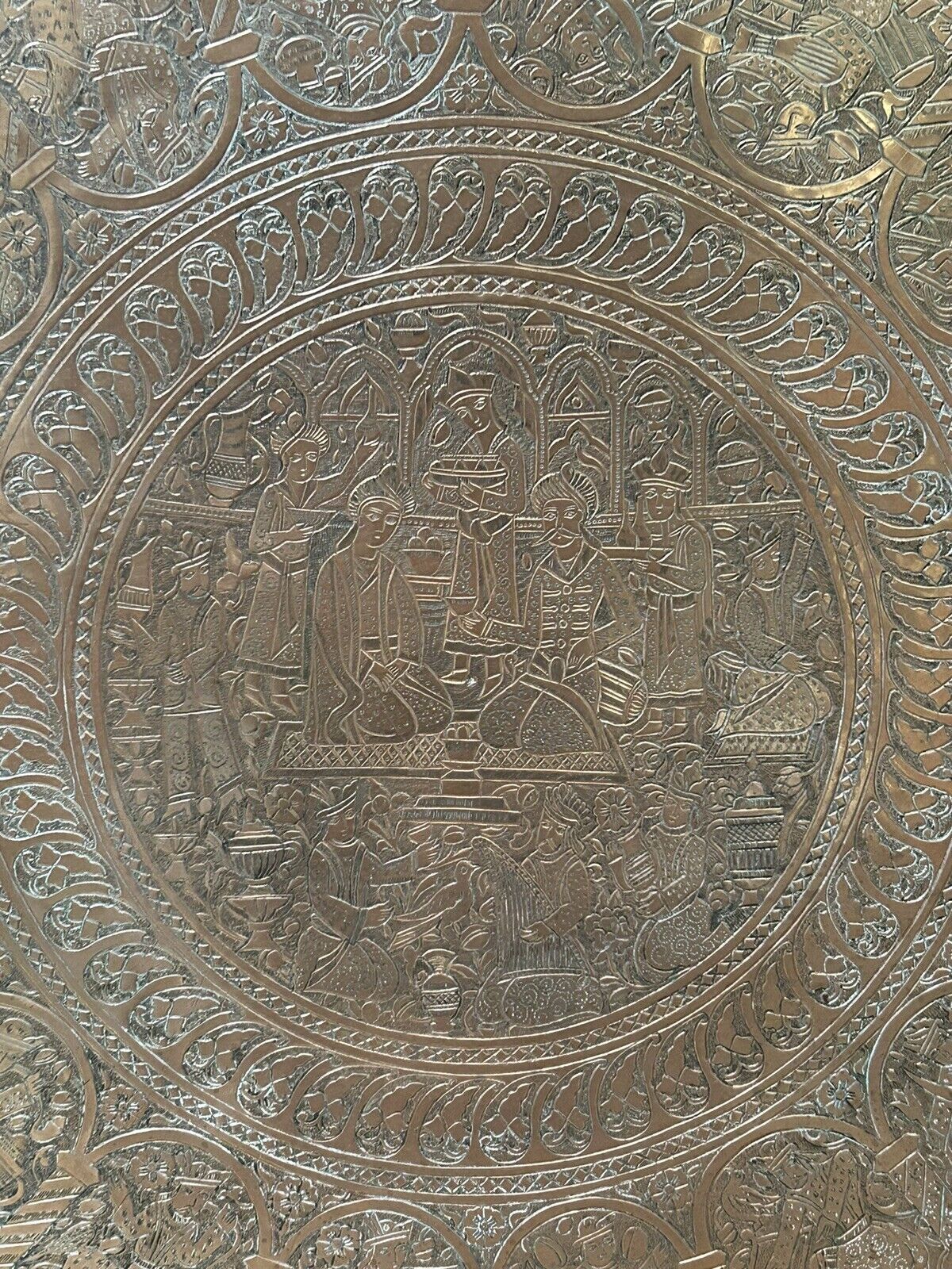 Large ancient copper tray, engraved Persia, offering scenes, vintage ethnic