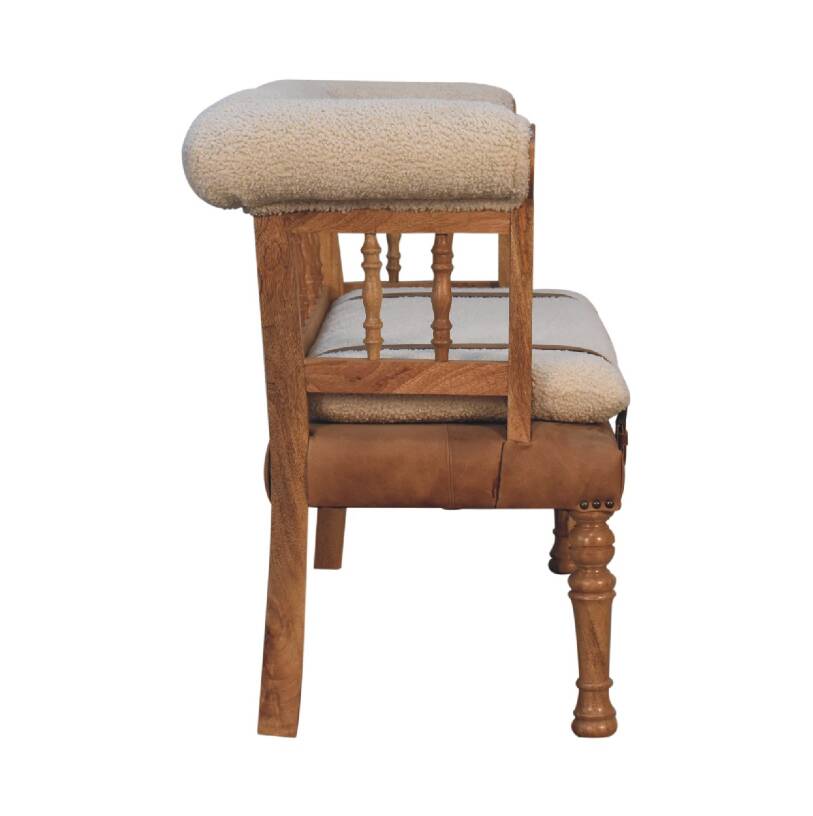 Luxury Handcrafted Rustic Chic Hallway Bench - Mango Wood,  Boucle & Buffalo Leather