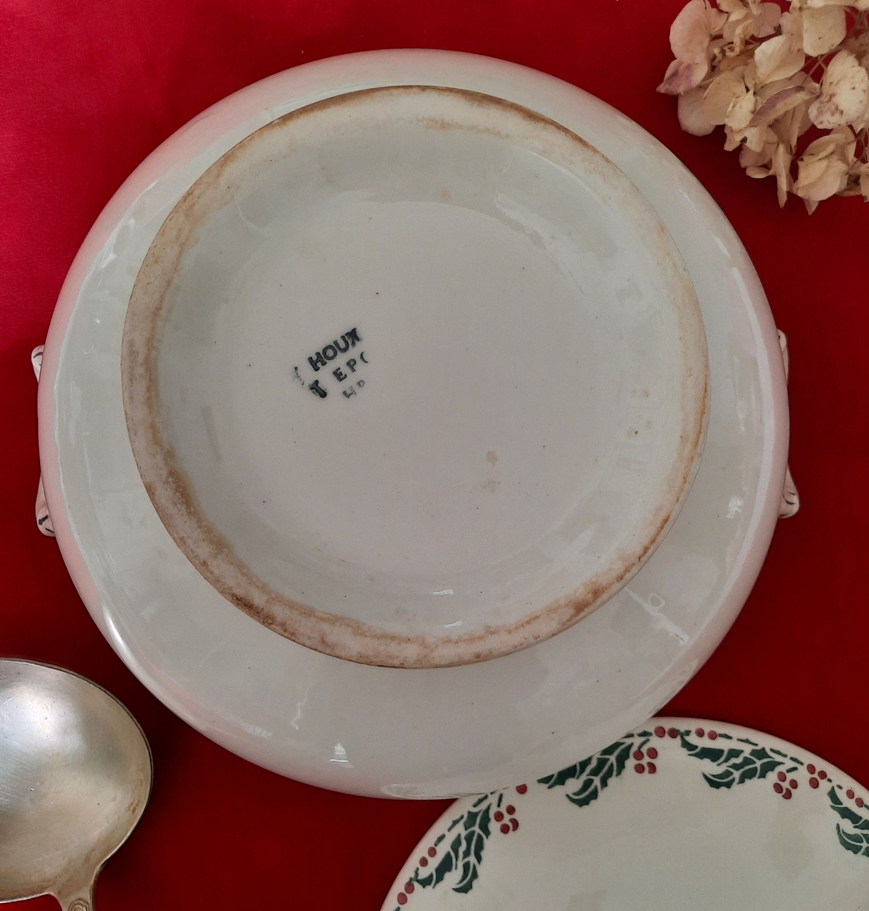 Flat, dessert, hollow plates and tureen in old earthenware