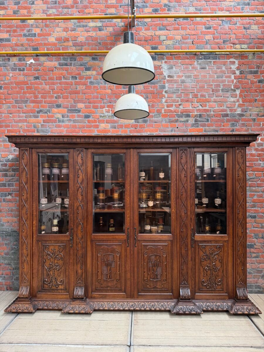 Large oak pharmacy display cabinet