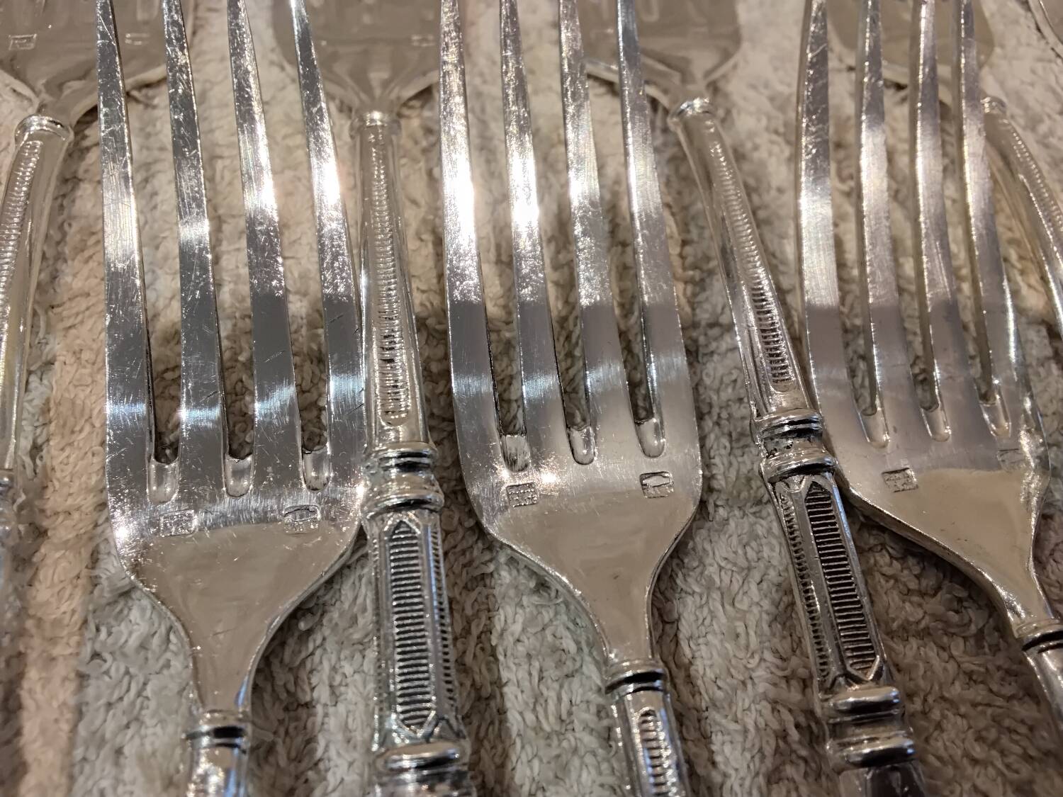 12 four-pronged lunch forks, silver-plated metal, SFAM silversmith, Russian style