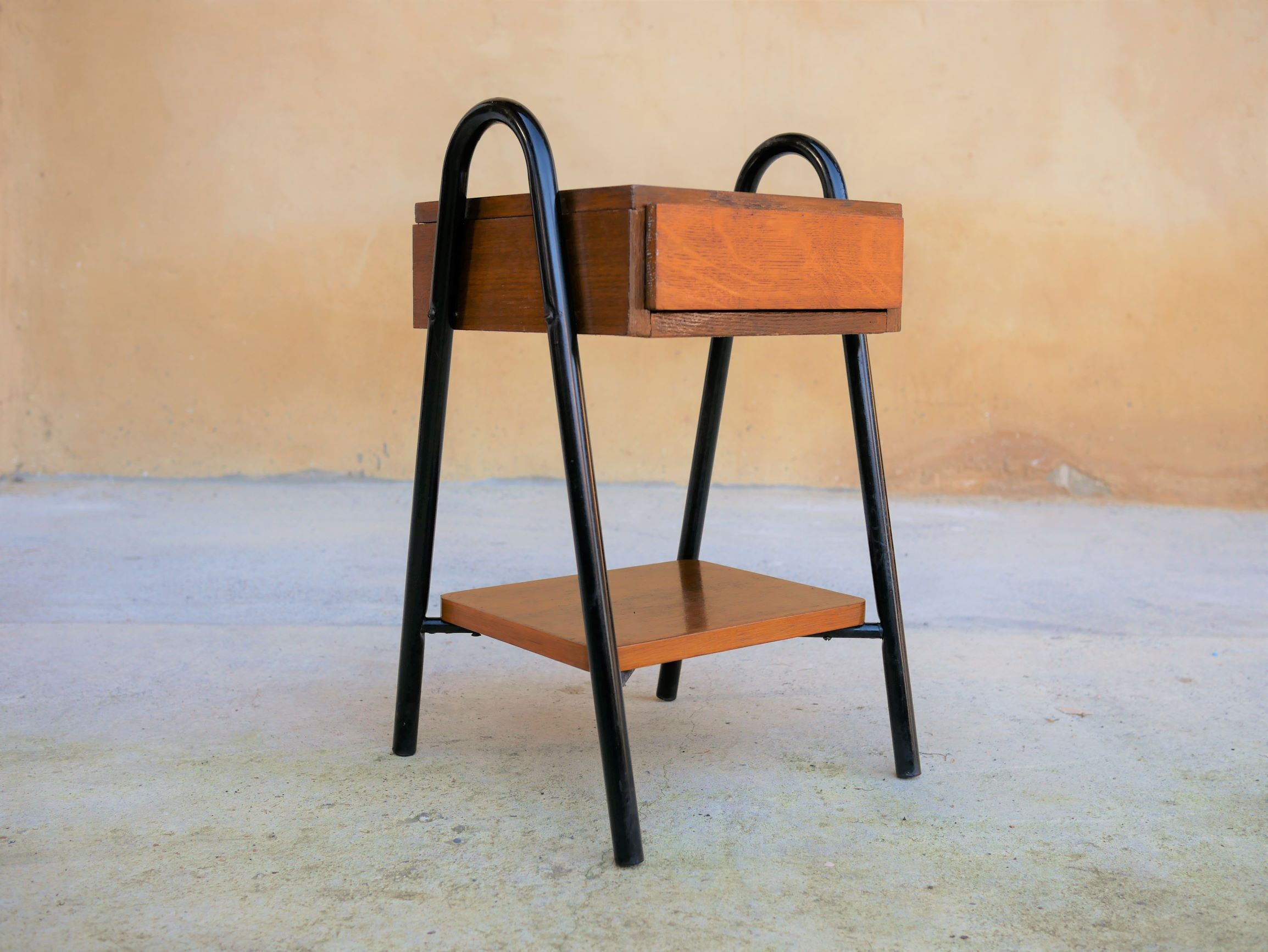 Vintage wooden and metal bedside table