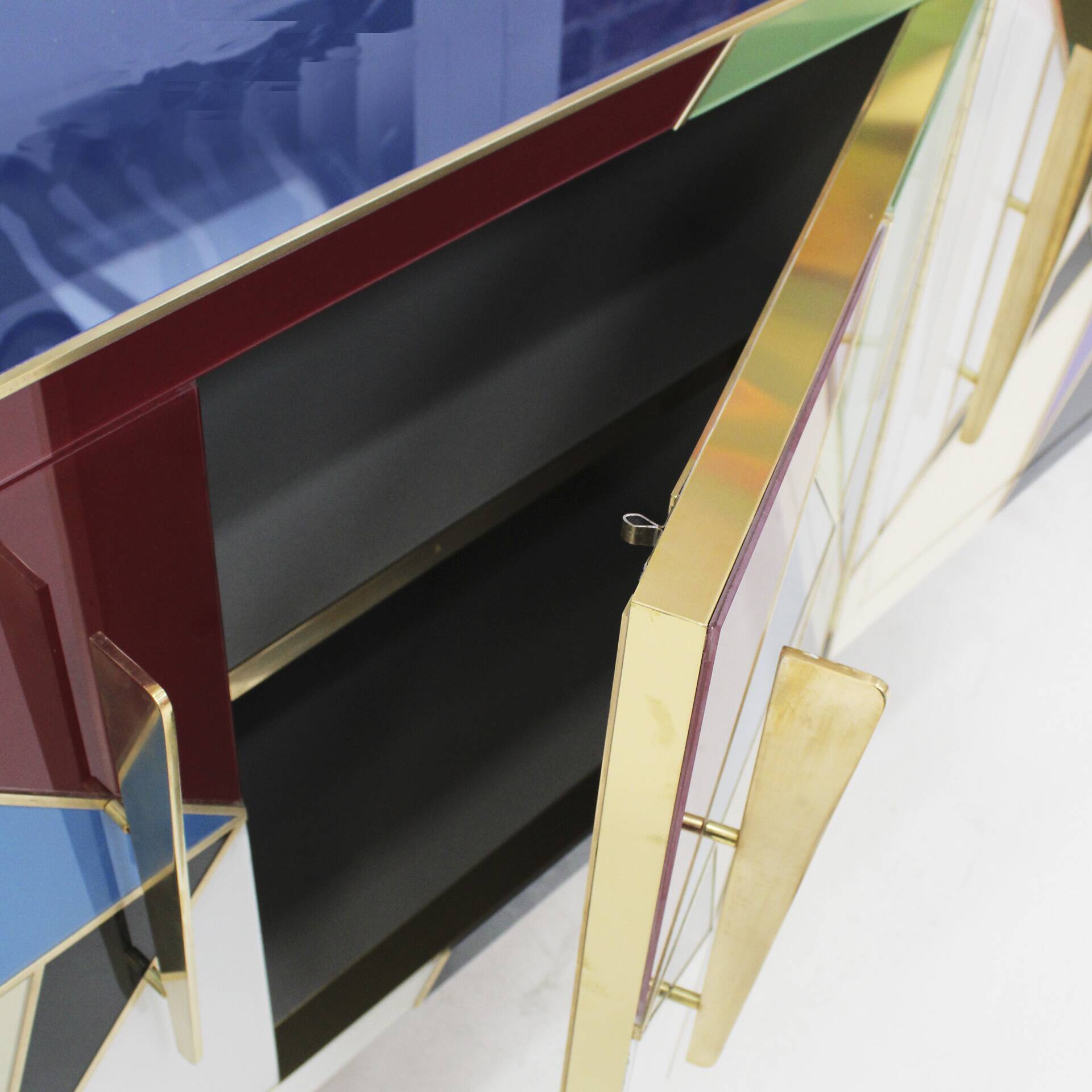 Mid-Century Style Italian Sideboard Made of Wood Brass and Colored Glass