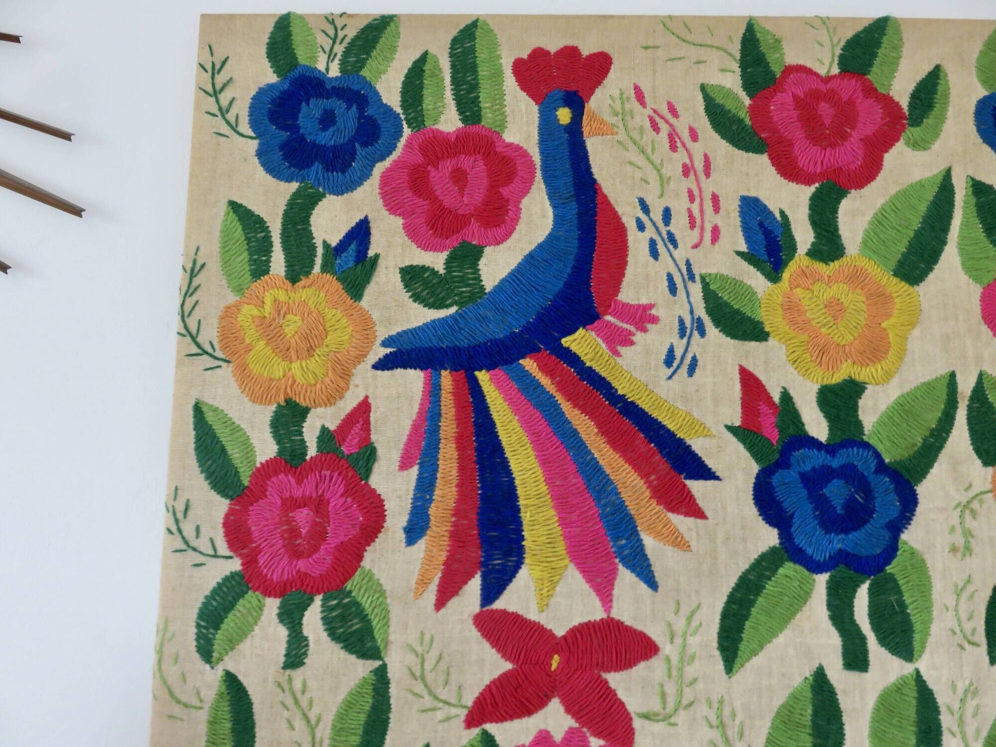 Large Mexican tapestry OTOMI TENANGO, colourful flowers and birds, 1970