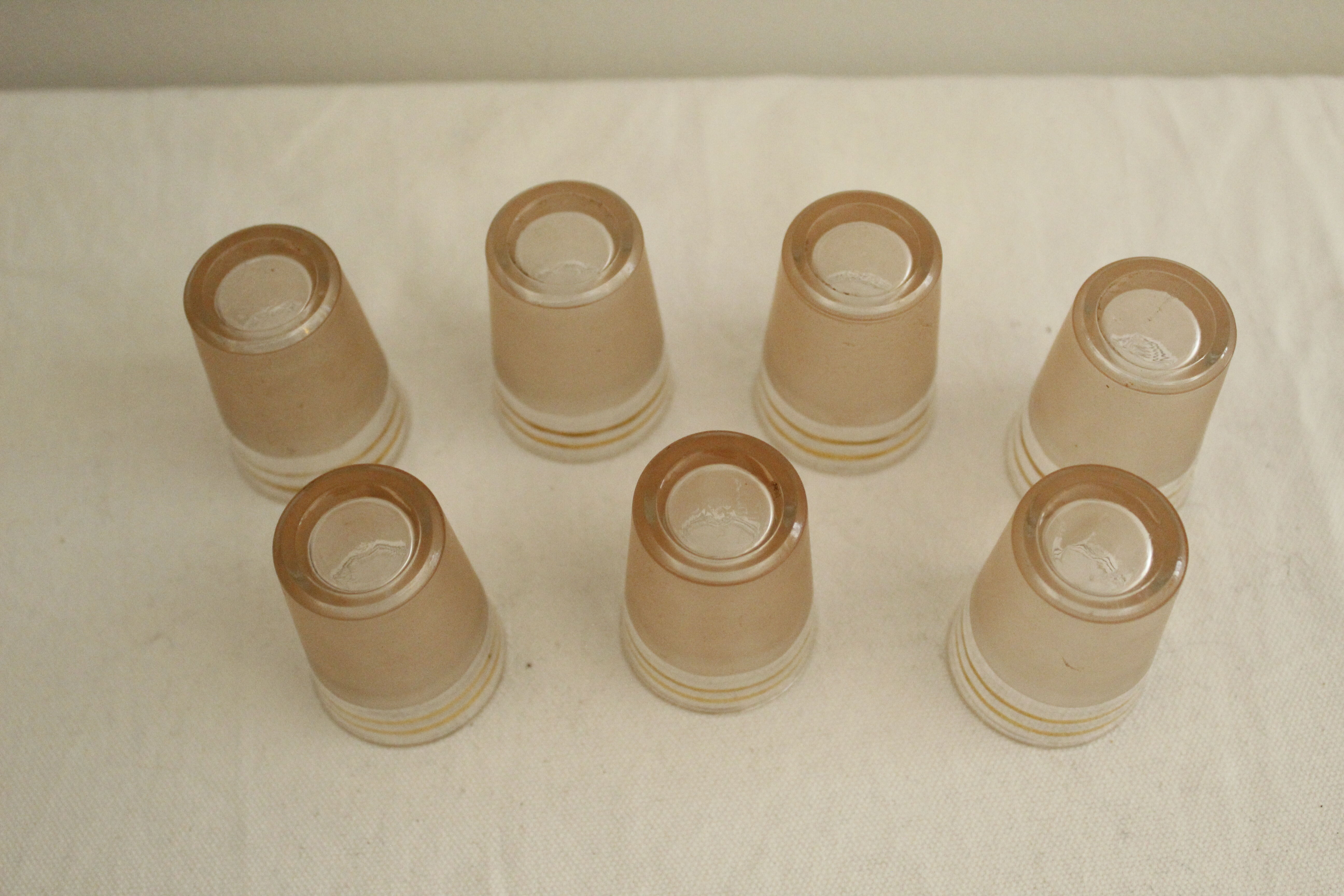 7 pink and gold vintage glass liquor glasses