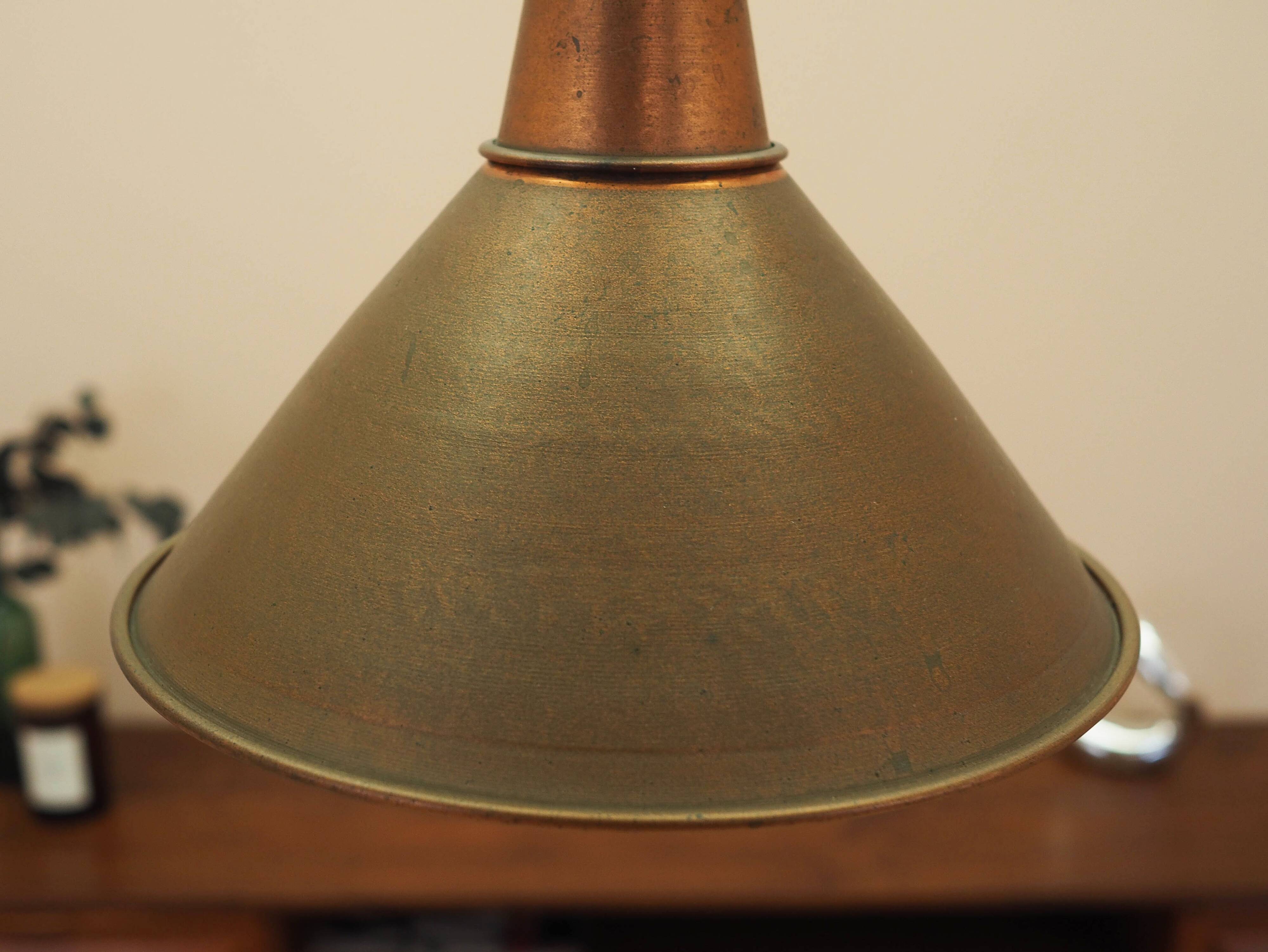 Danish Brass Pendant Lamp, Industrial Cone Shade, 1960s