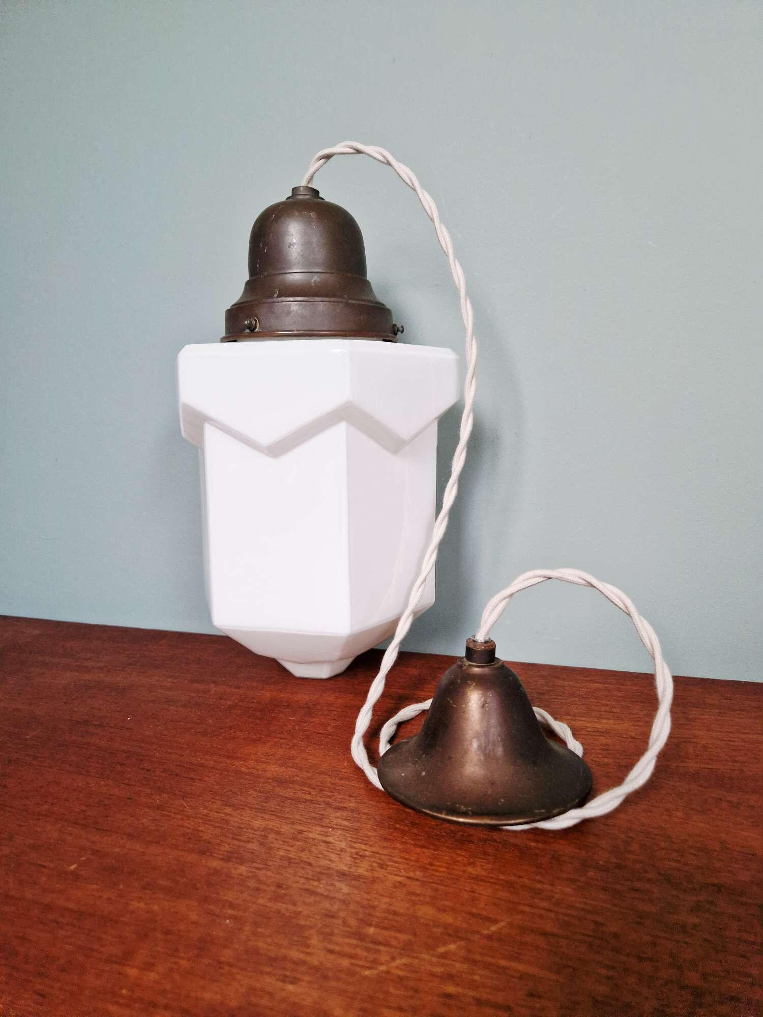 Art Deco skyscraper pendant lamp in white opaline, 1920-30