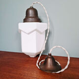 Art Deco skyscraper pendant lamp in white opaline, 1920-30