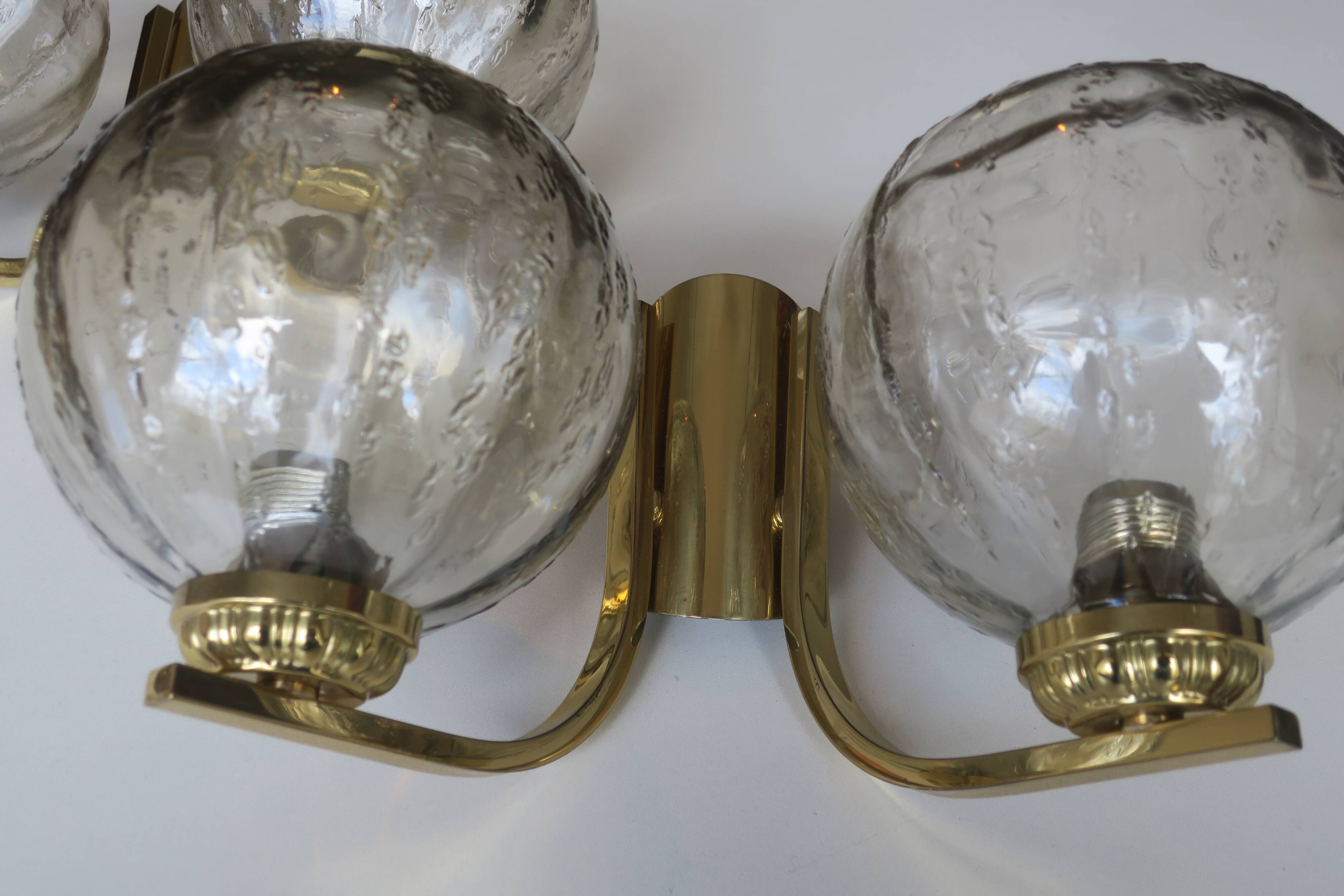 Vintage pair of brass and glass double wall lights, 1970s