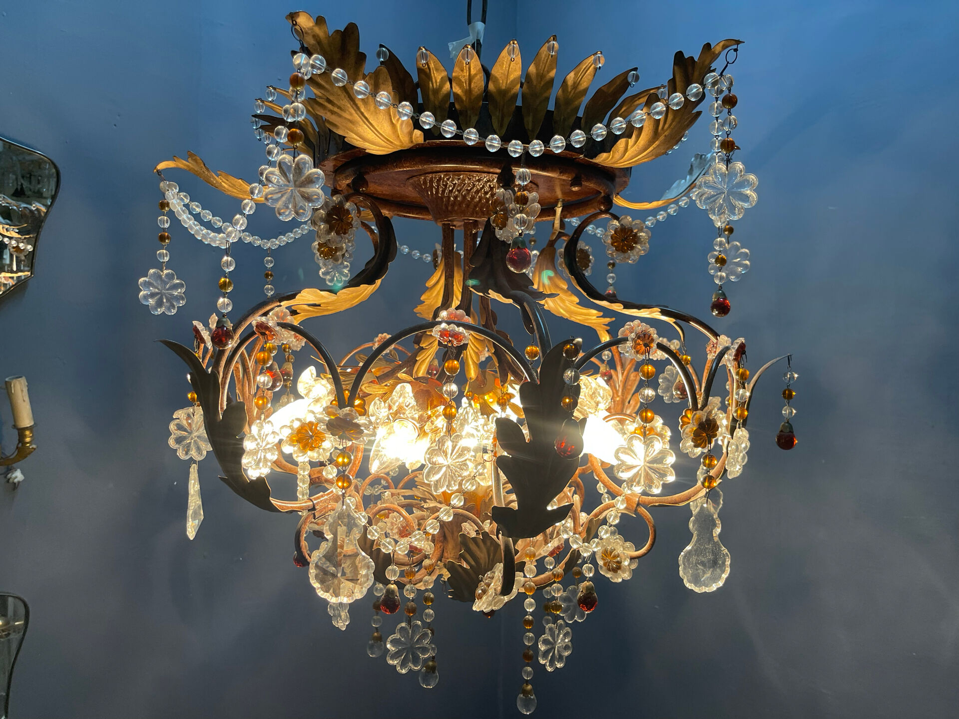 Italian Tole Murano Glass Chandelier 1960’s 