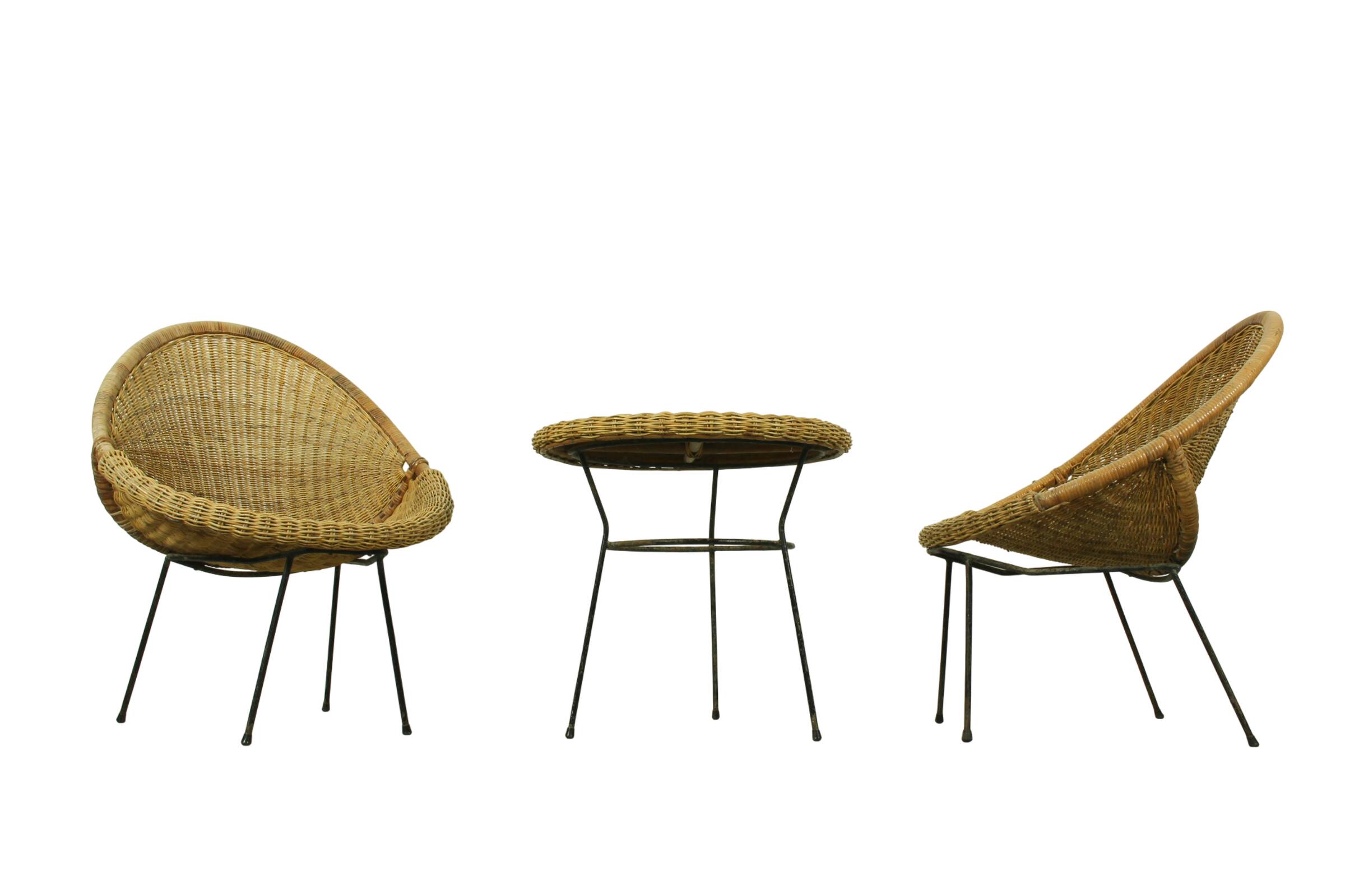 1950s Italian Rattan Basket Chairs & Matching Bistro Table Set