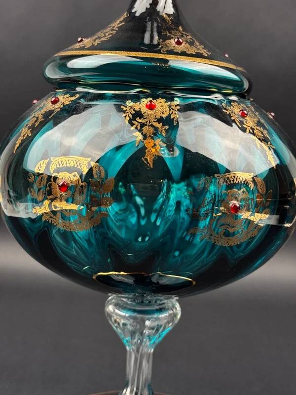 Decorative bowl in blue enamelled and gilded glass, red cabochons – height 32 cm