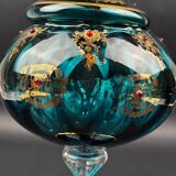 Decorative bowl in blue enamelled and gilded glass, red cabochons – height 32 cm