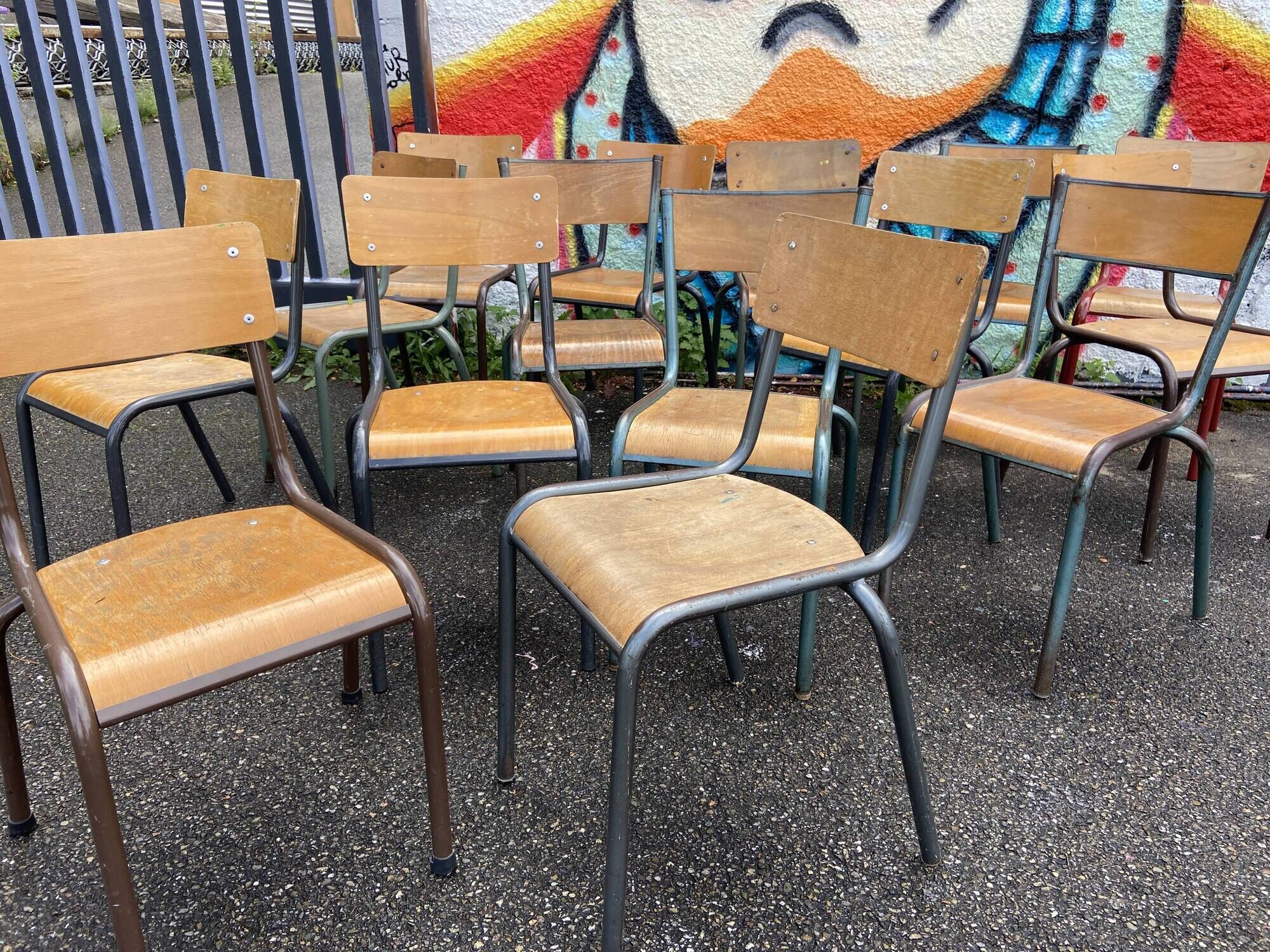 Set of 15 vintage mismatched mullca delagrave school chairs