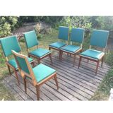 Suite de 6 chaises vintage bois et simili cuir vert