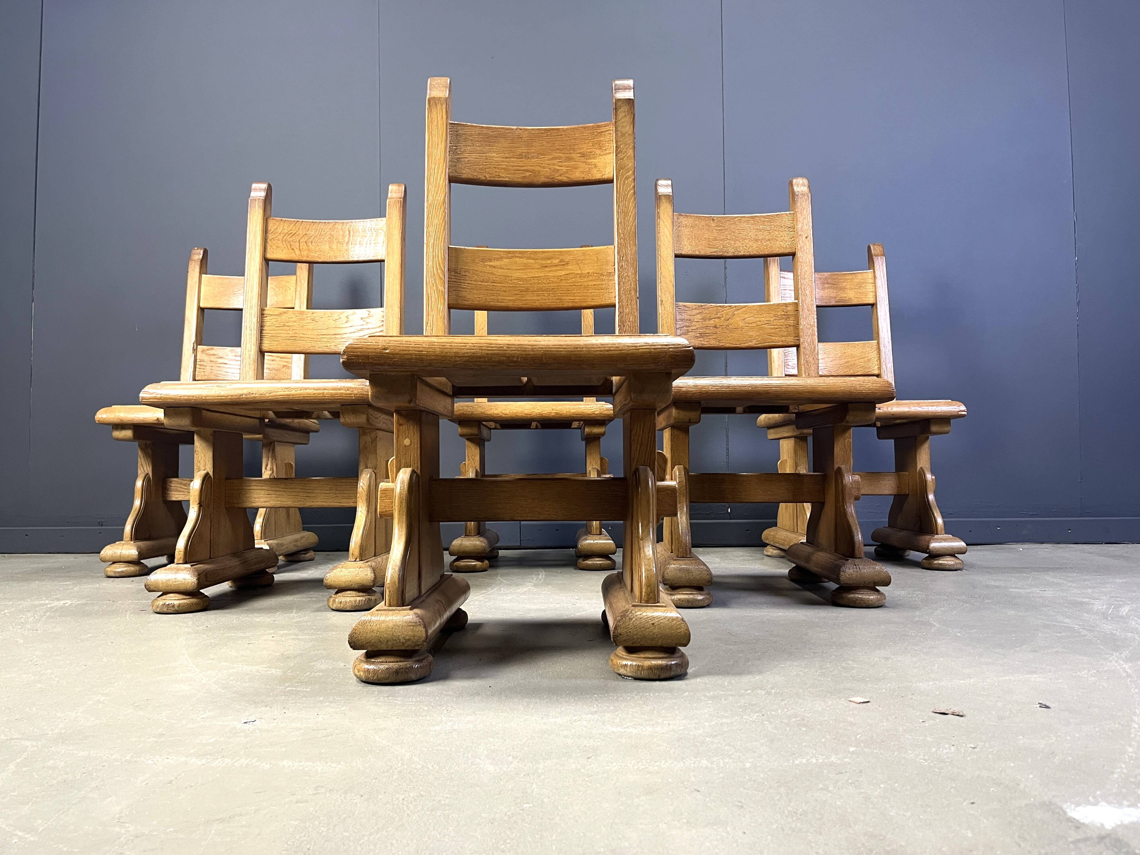 Solid oak brutalist dining chairs, 1960s