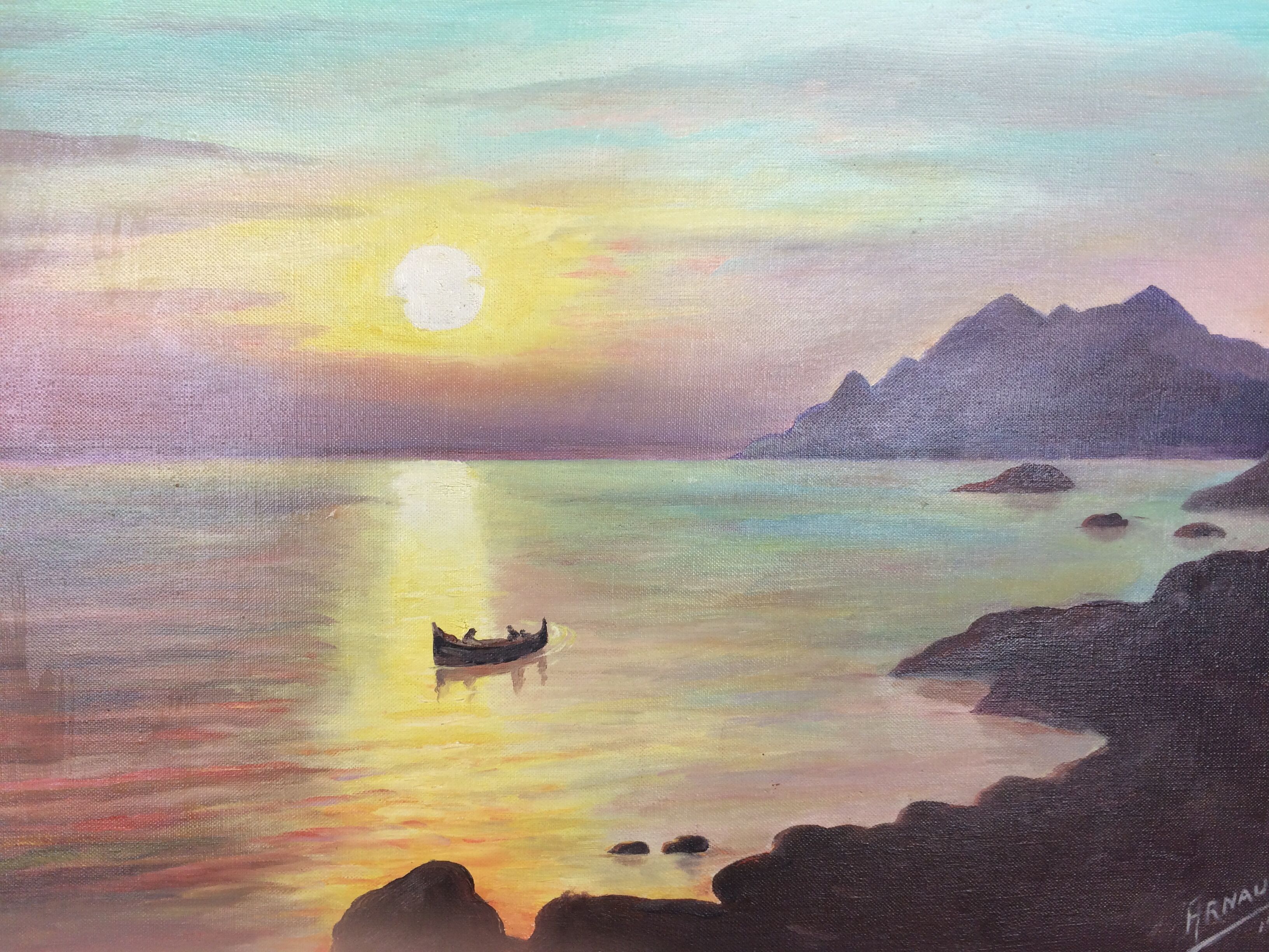 Marine painting, sunset on the esterel, oil on canvas