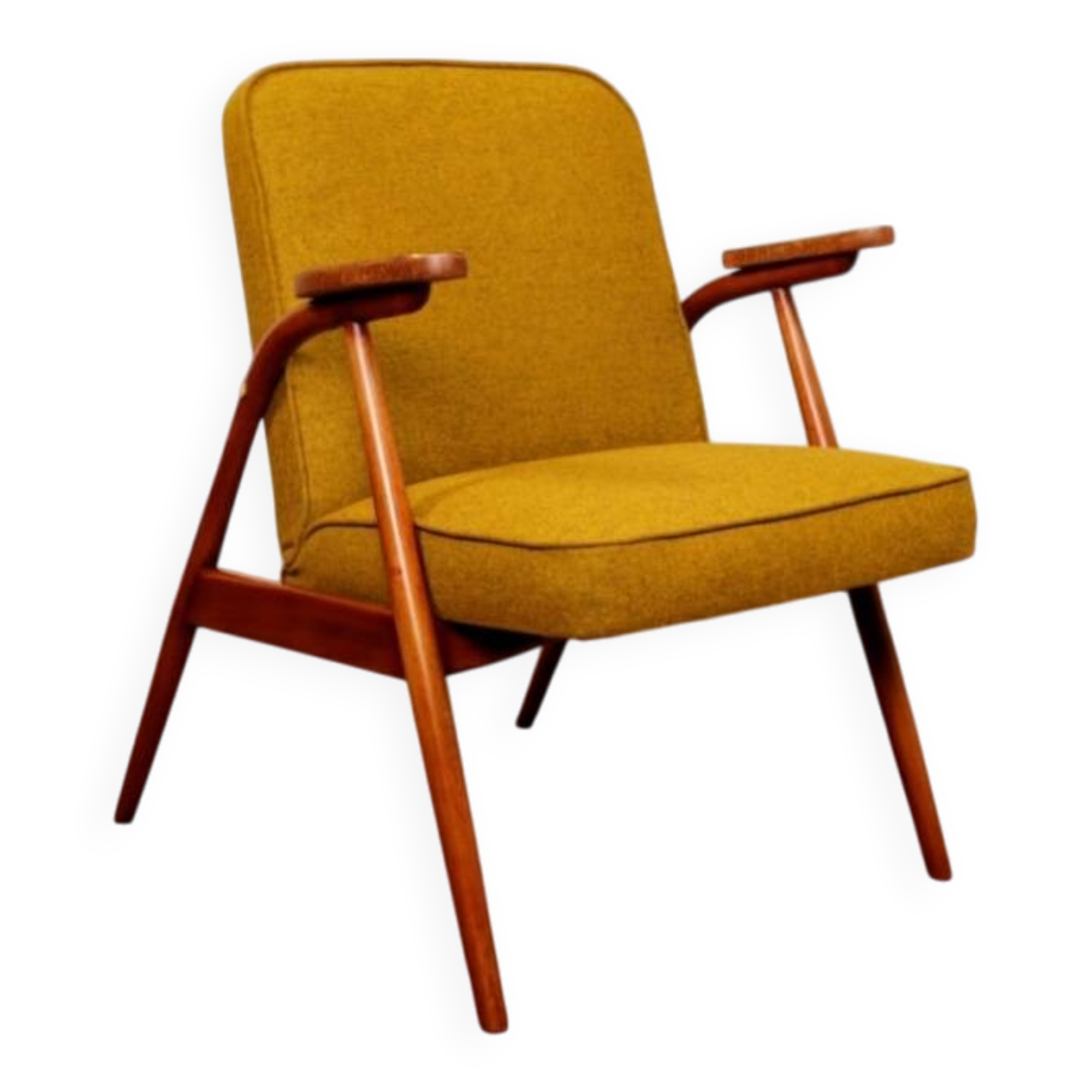MID Century Armchair Ocher Yellow Wool, Turned Legs, 1960s