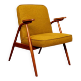 MID Century Armchair Ocher Yellow Wool, Turned Legs, 1960s
