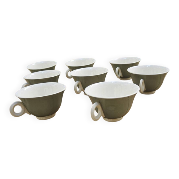 8 anciennes tasses à café en faïence céladon Digoin & Sarreguemines