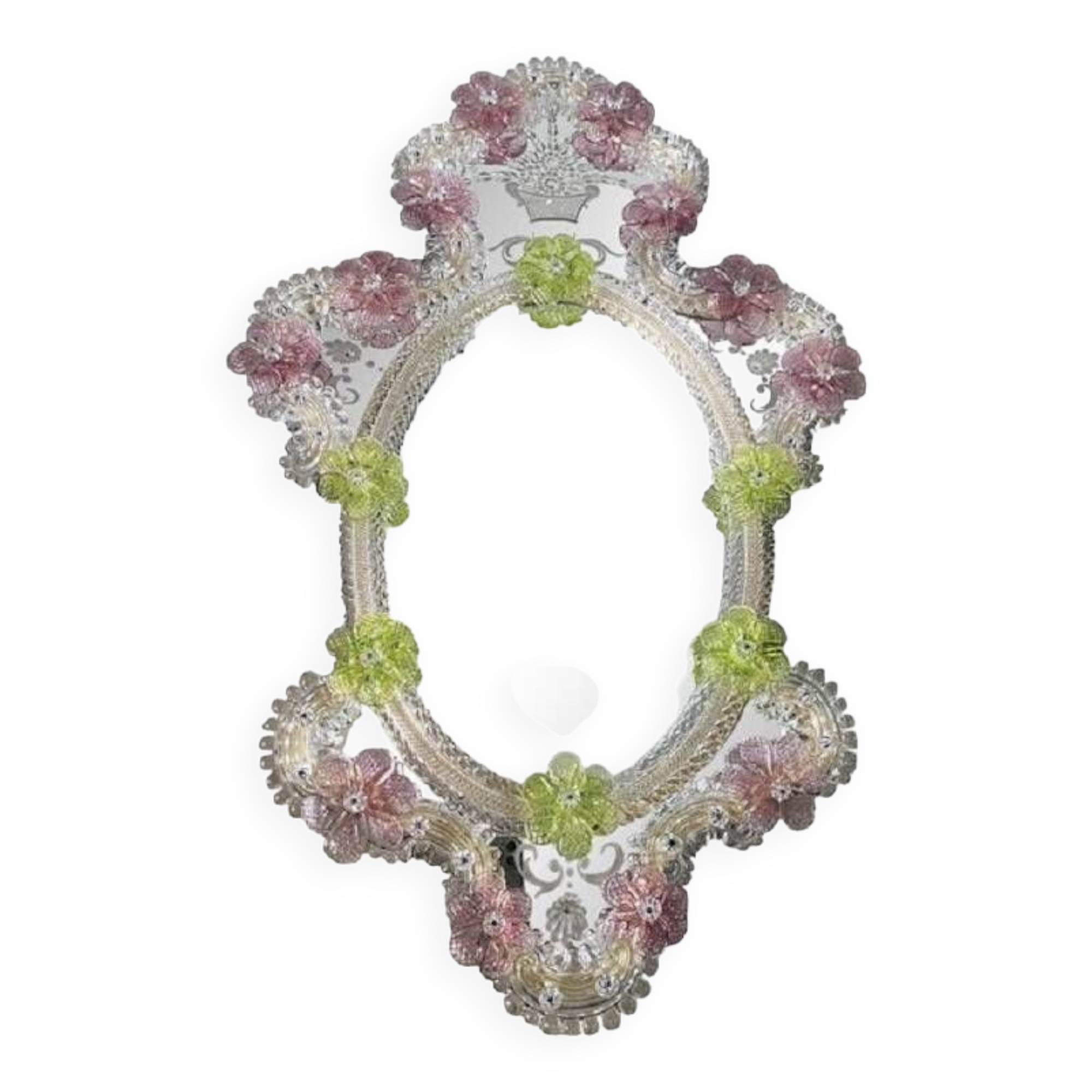 2000s Venetian Oval Green and Pink Floreal Hand-Carving Mirror in Murano Glass Style