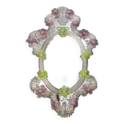 2000s Venetian Oval Green and Pink Floreal Hand-Carving Mirror in Murano Glass Style