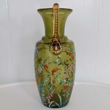 Enamelled green glass vase